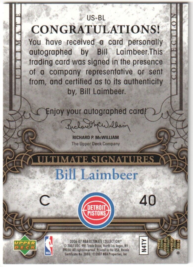 BILL LAIMBEER 2006-07 Upper Deck Ultimate Collection Autograph Auto  - PISTONS