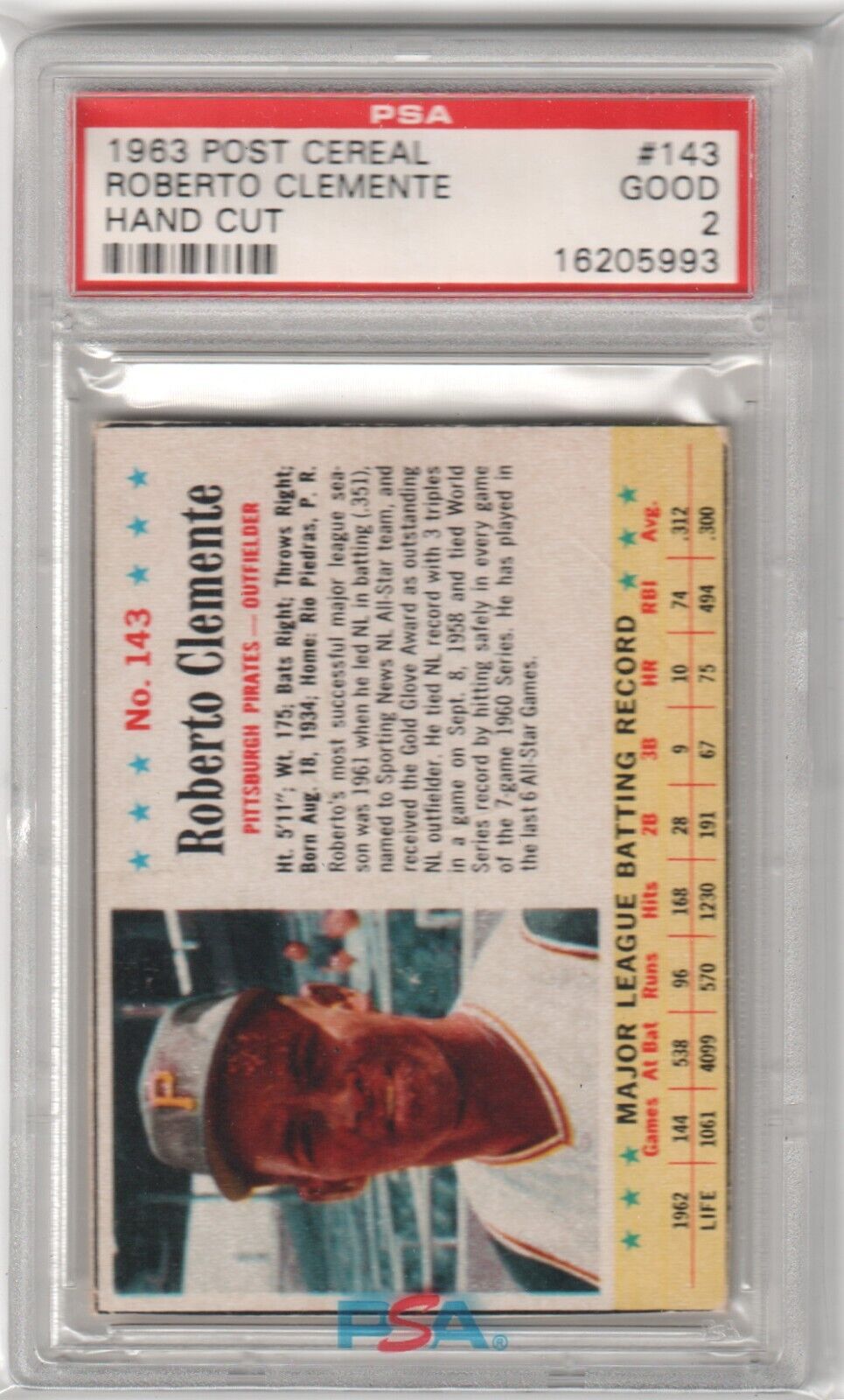 ROBERTO CLEMENTE 1963 Post Cereal #143 PSA 2 GOOD - PIRATES