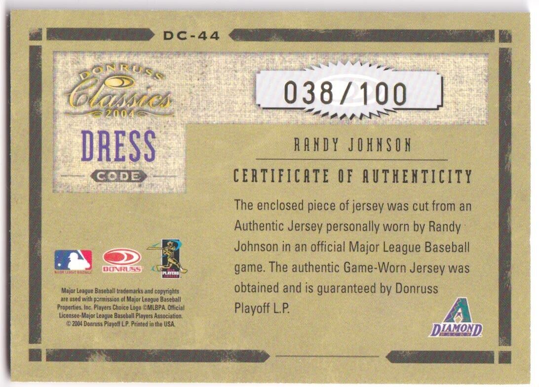 RANDY JOHNSON 2004 Donruss Classics Dual Game Used Jersey SP #/100 DIAMONDBACKS