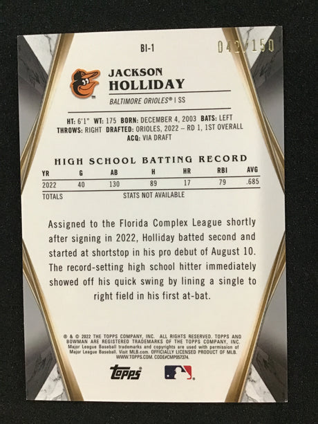 Jackson Holliday 2022 Bowman Invicta Cracked Ice Insert /150 #BI-1 SP Orioles