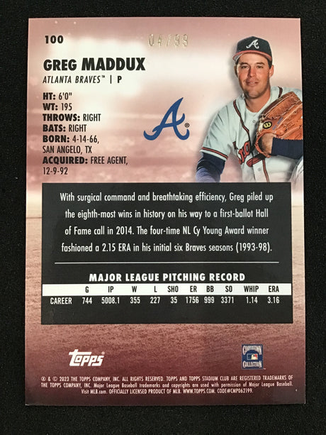 Greg Maddux 2023 Topps Stadium Club Chrome Gold Refractor /99 SP Braves