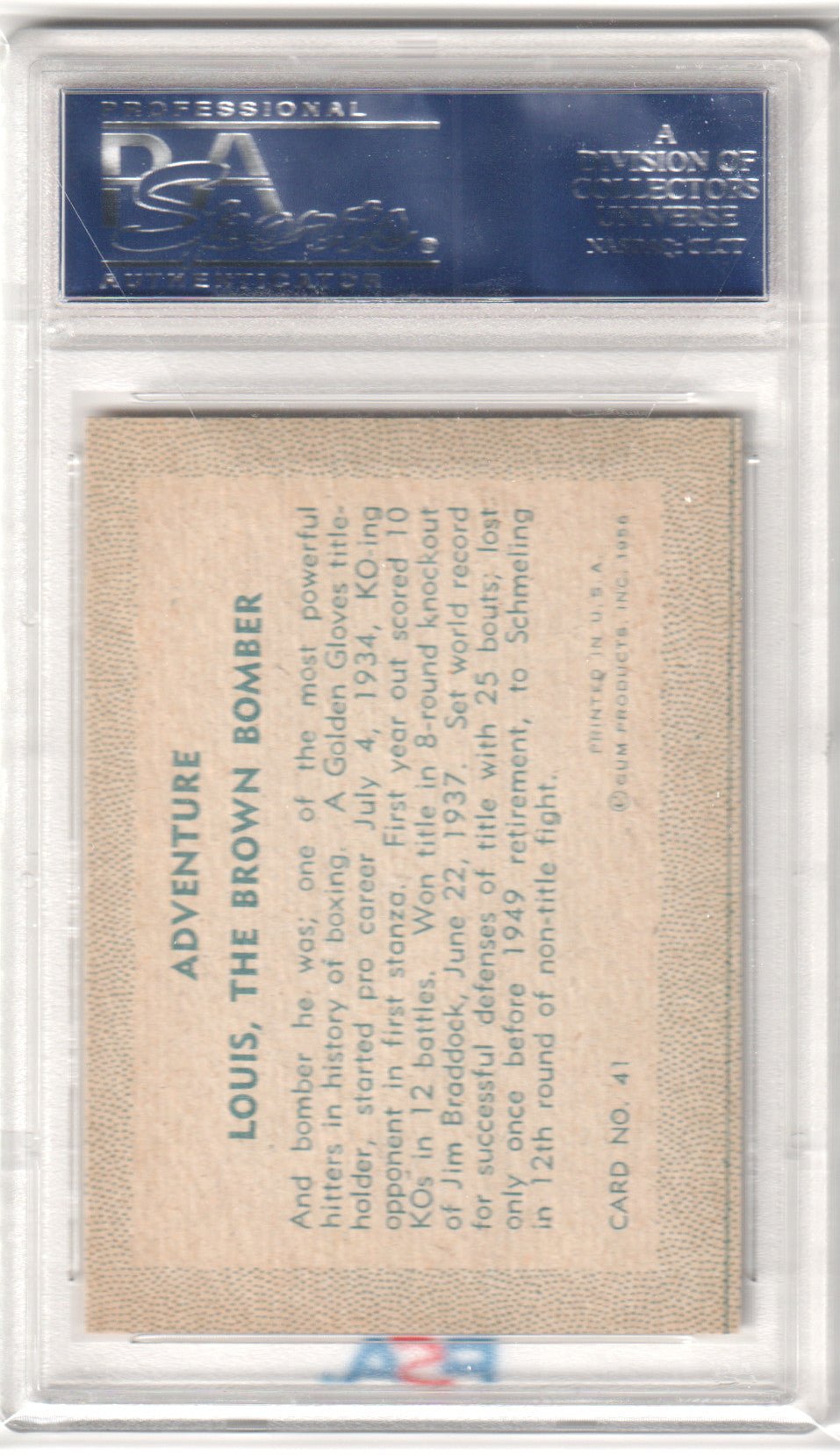 1956 Adventure Bomber Louis, The Brown #41 PSA 7 NM - Columbia Hobby - Sports Card Boxes - Toploaders - Card Savers