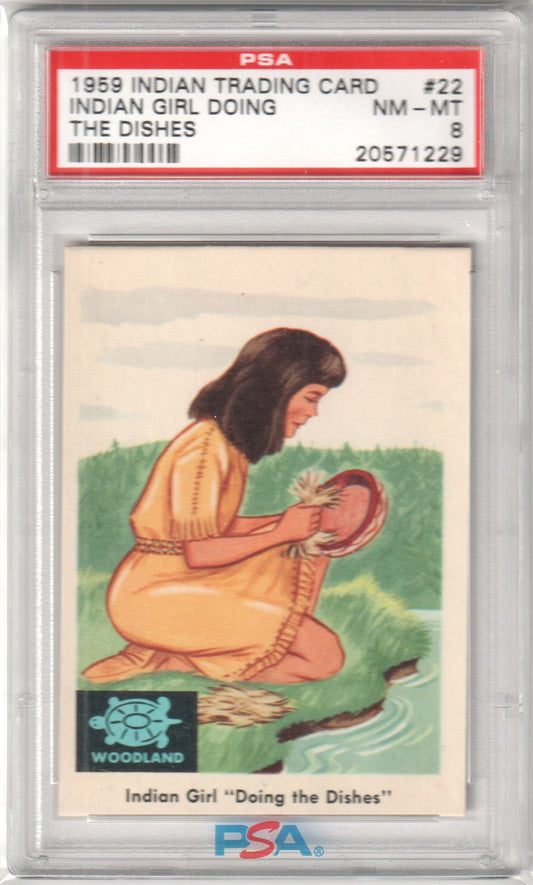 1959 Indian Trading Card Indian Girl "doing dishes" #22 PSA 8 - Columbia Hobby - Sports Card Boxes - Toploaders - Card Savers