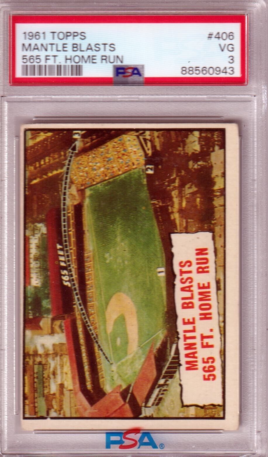 1961 Topps MICKEY MANTLE Blasts 565ft Home Run #406 PSA 3 VG - YANKEES - Columbia Hobby - Sports Card Boxes - Toploaders - Card Savers