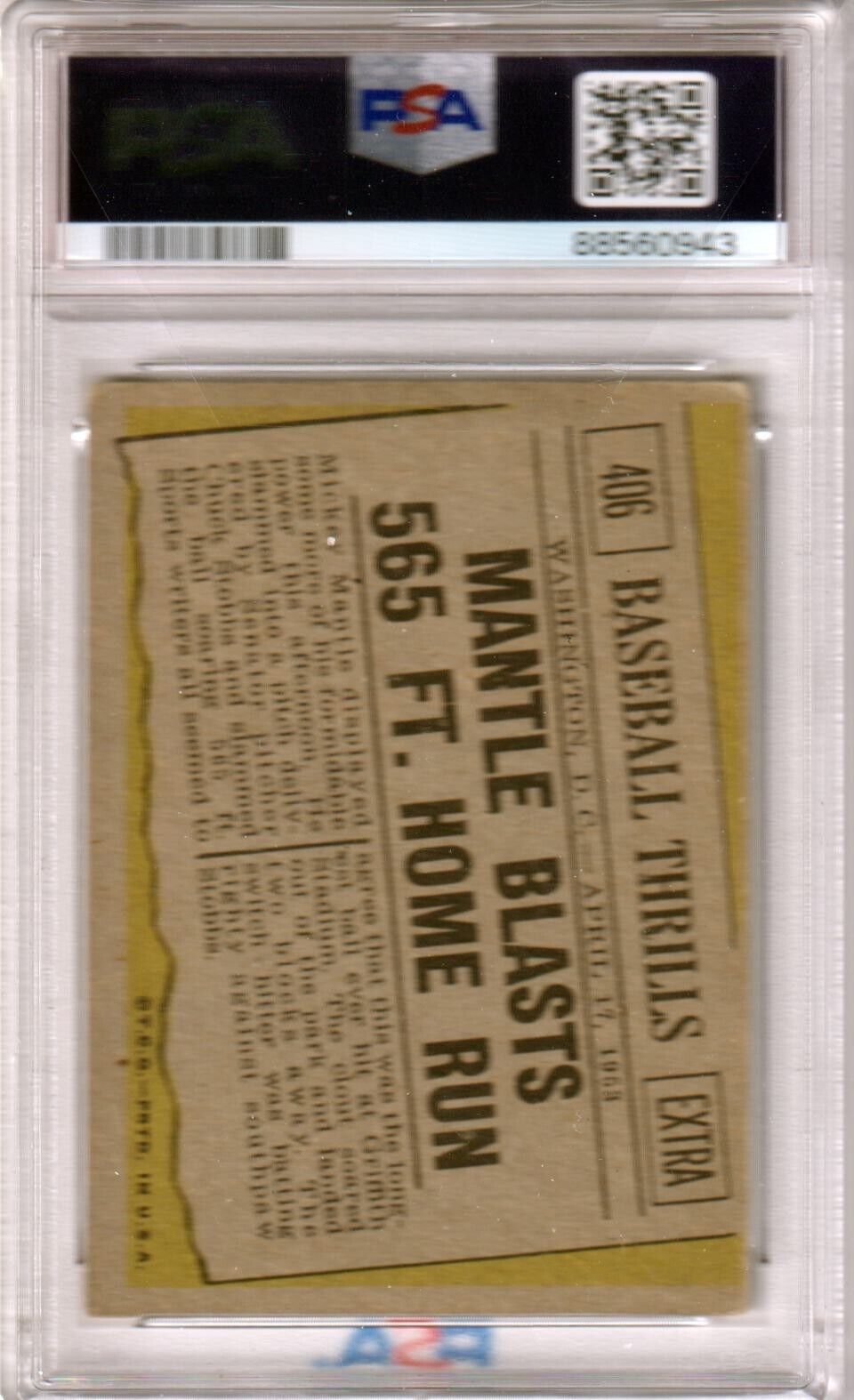1961 Topps MICKEY MANTLE Blasts 565ft Home Run #406 PSA 3 VG - YANKEES - Columbia Hobby - Sports Card Boxes - Toploaders - Card Savers