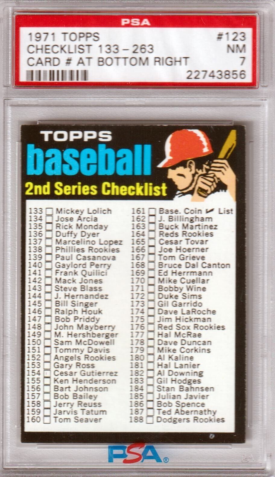1971 Topps Checklist #123 PSA 7 NM - Columbia Hobby - Sports Card Boxes - Toploaders - Card Savers
