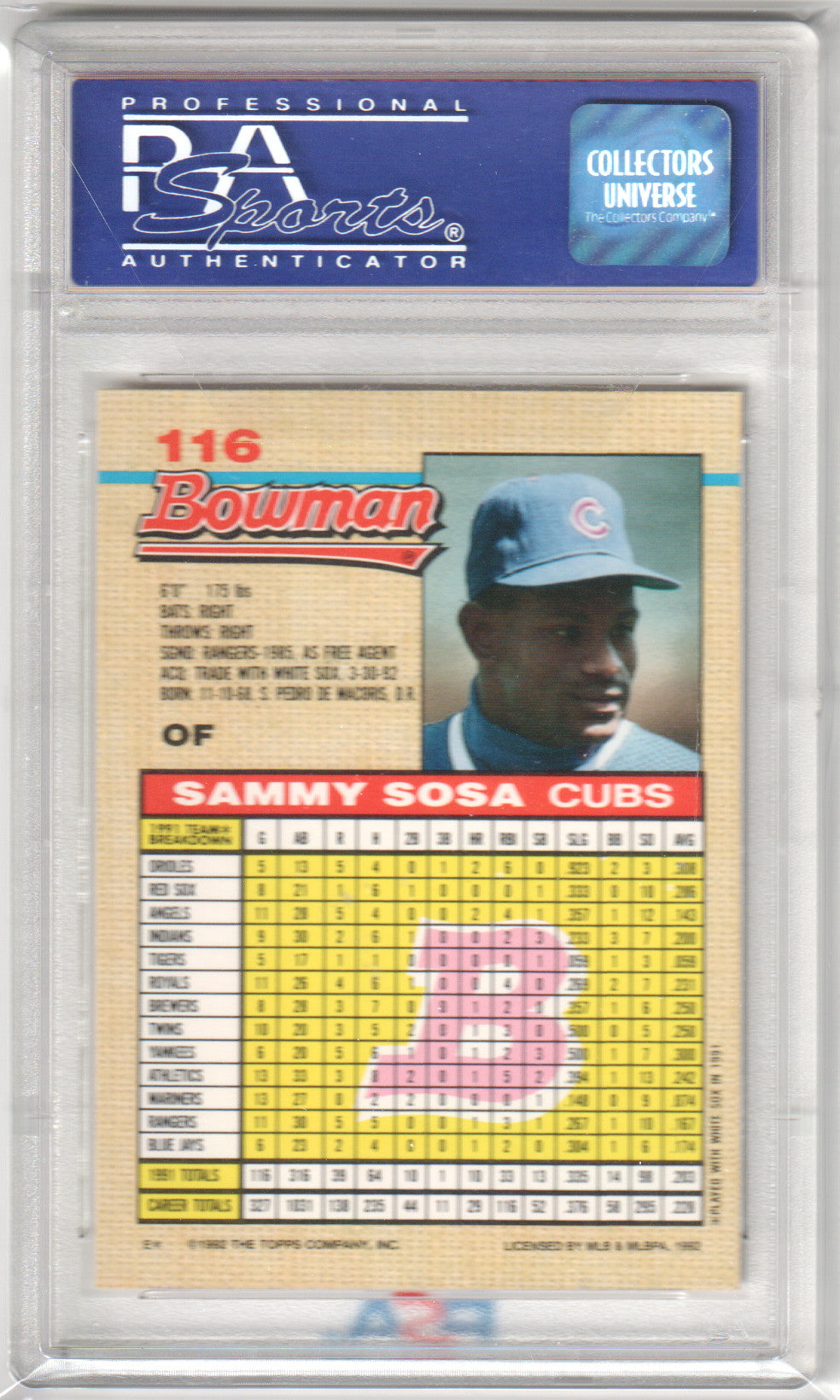 SAMMY SOSA 1992 Bowman #116 PSA 10 GEM MINT - CUBS