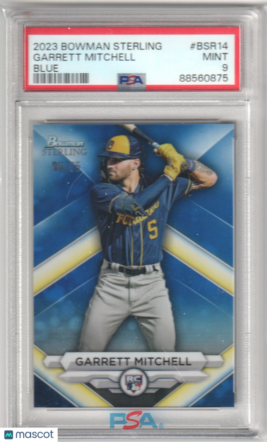 GARRETT MITCHELL 2023 Bowman Sterling RC Rookie Blue Refractor #75/75 PSA 9 MINT