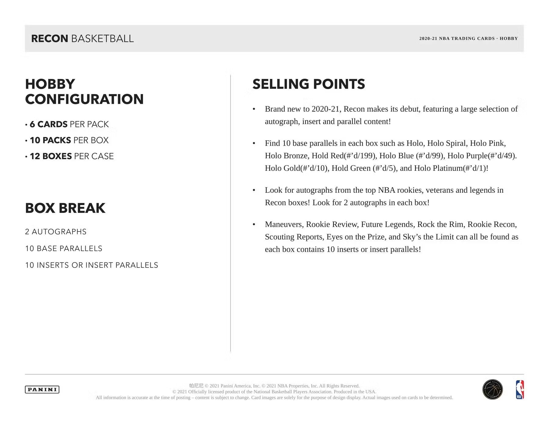 2020/21 Panini Recon Basketball Hobby Box - Columbia Hobby - Sports Card Boxes - Toploaders - Card Savers