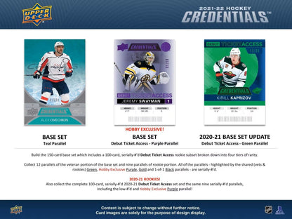 2021 - 22 Upper Deck Credentials Hockey Hobby Box - Columbia Hobby - Sports Card Boxes - Toploaders - Card Savers