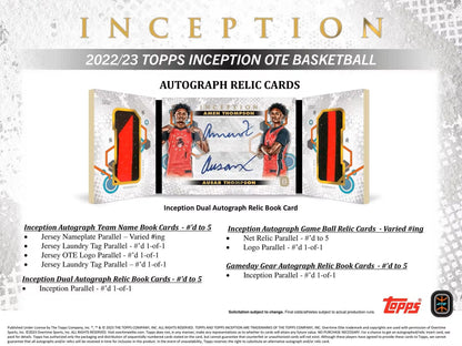 2022 - 23 Topps Inception Overtime Elite Basketball Hobby Box - Columbia Hobby - Sports Card Boxes - Toploaders - Card Savers