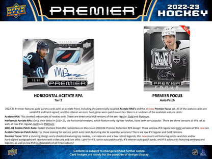2022 - 23 Upper Deck Premier Hockey Hobby Box - Columbia Hobby - Sports Card Boxes - Toploaders - Card Savers