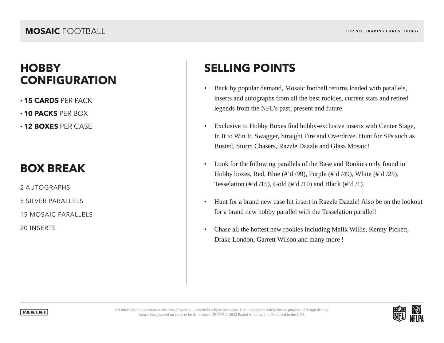 2022 Panini Mosaic Football 1st Off The Line FOTL Hobby Box - Columbia Hobby - Sports Card Boxes - Toploaders - Card Savers