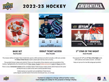 2022/23 Upper Deck Credentials Hockey Hobby Box - Columbia Hobby - Sports Card Boxes - Toploaders - Card Savers