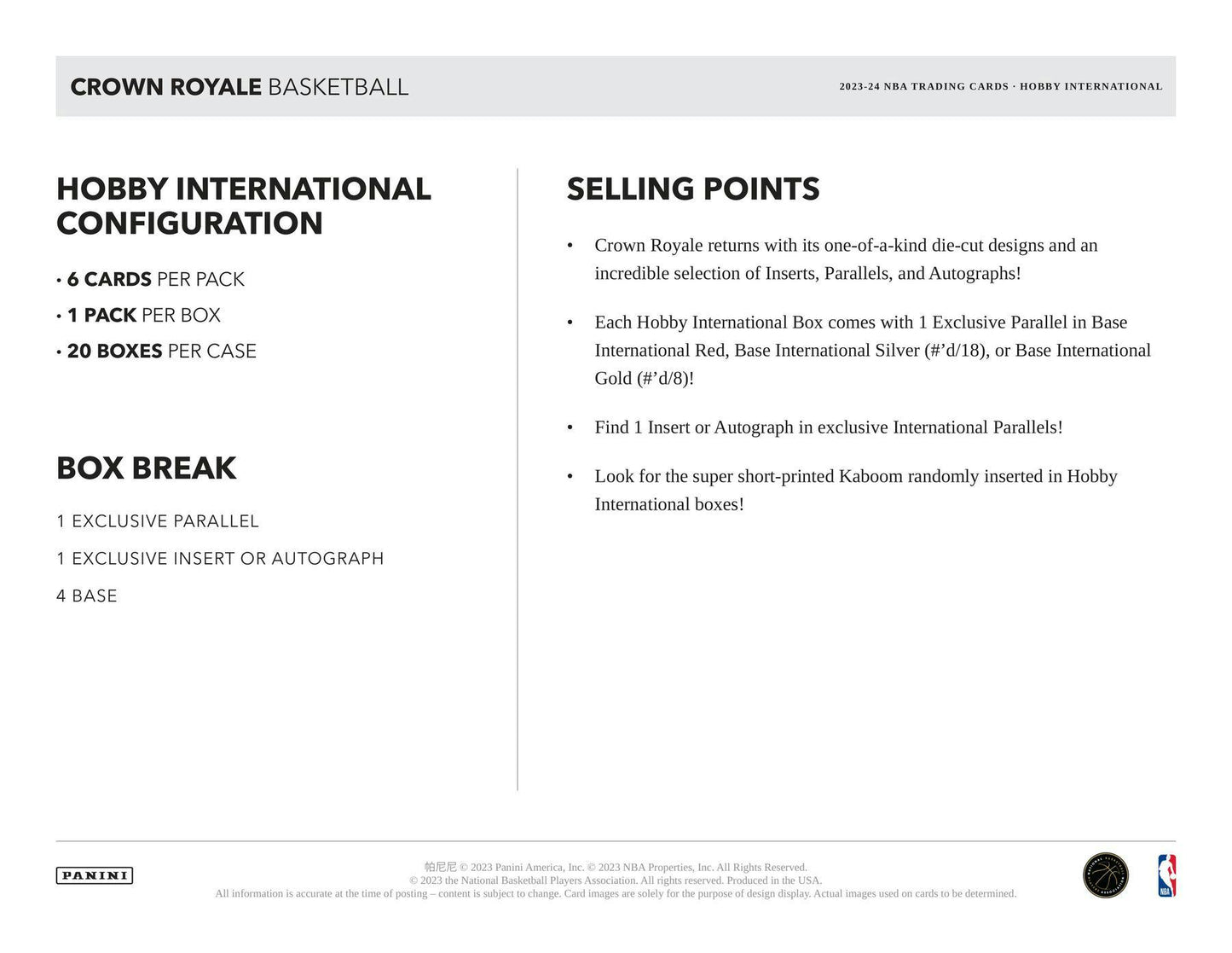 2023 - 24 Panini Crown Royale Basketball International Hobby Box - Columbia Hobby - Sports Card Boxes - Toploaders - Card Savers