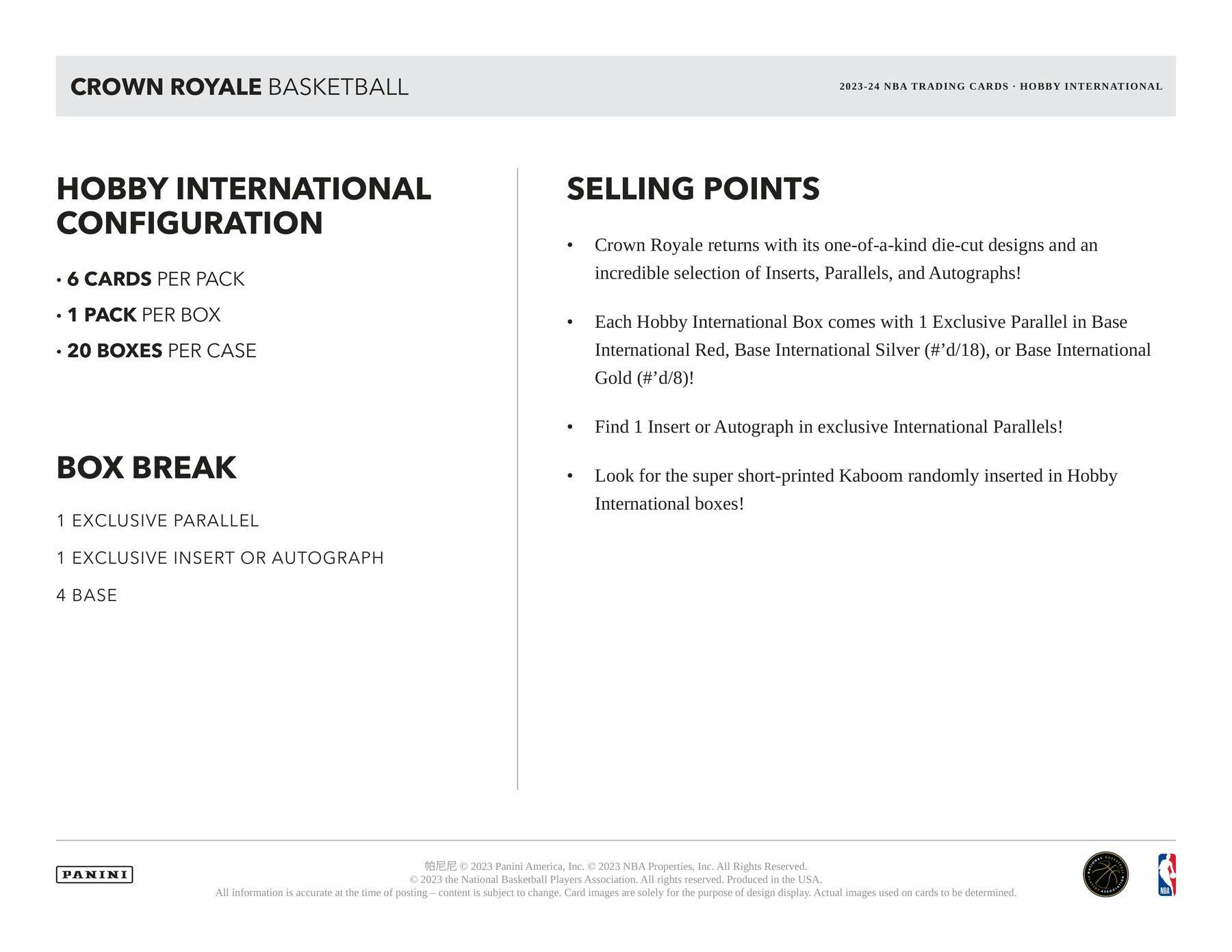 2023 - 24 Panini Crown Royale Basketball International Hobby Box - Columbia Hobby - Sports Card Boxes - Toploaders - Card Savers