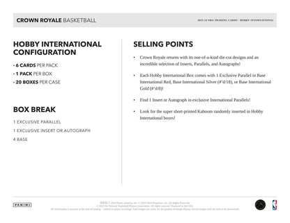 2023 - 24 Panini Crown Royale Basketball International Hobby Box - Columbia Hobby - Sports Card Boxes - Toploaders - Card Savers