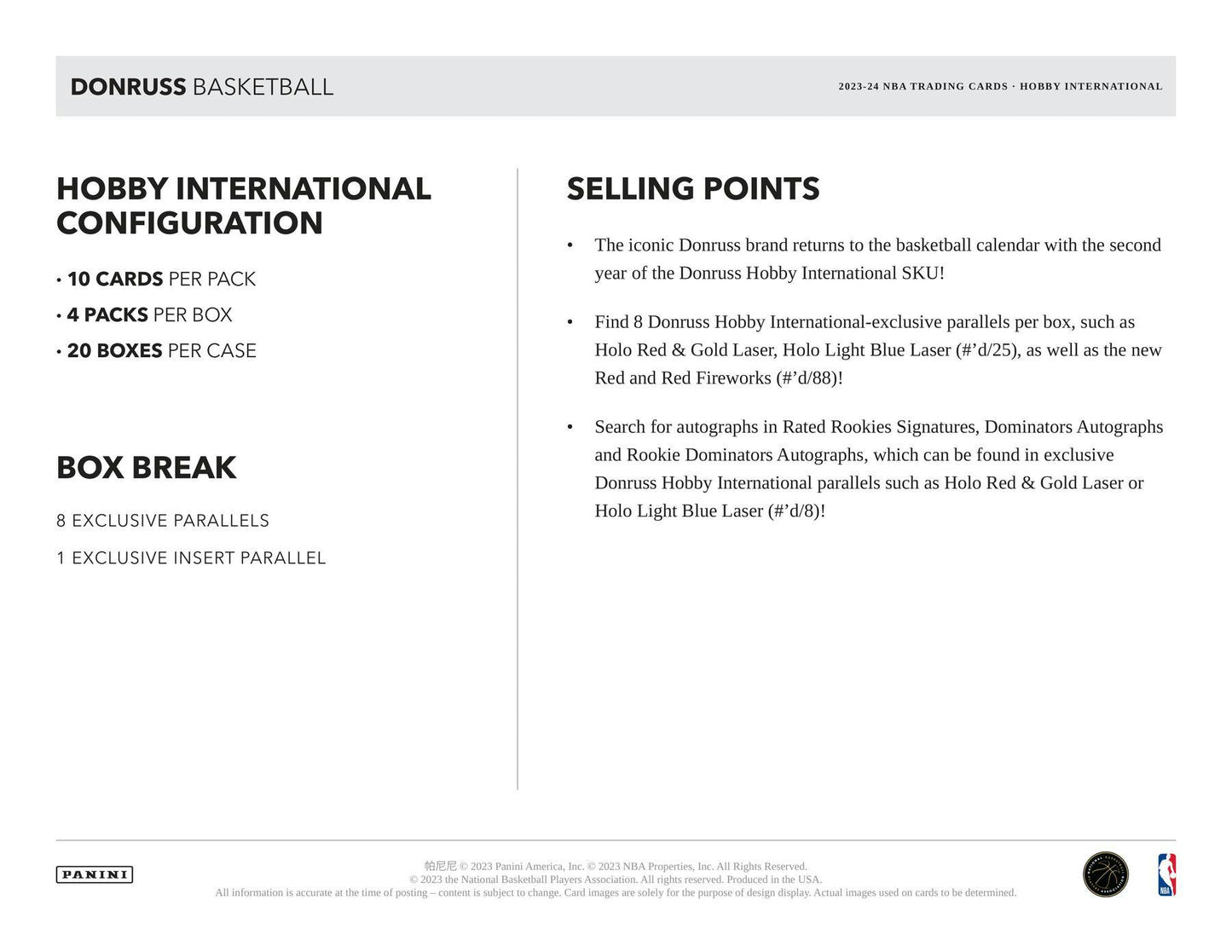 2023 - 24 Panini Donruss Basketball International Hobby Box - Columbia Hobby - Sports Card Boxes - Toploaders - Card Savers
