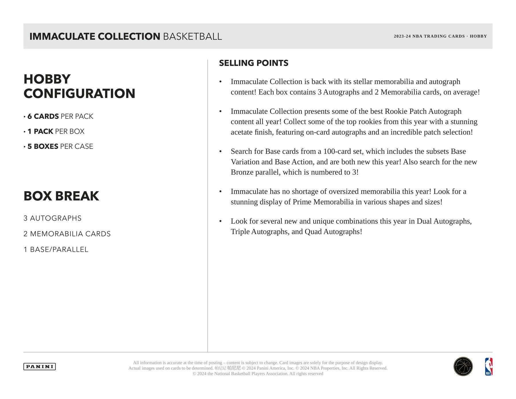 2023 - 24 Panini Immaculate Basketball Hobby Box - Columbia Hobby - Sports Card Boxes - Toploaders - Card Savers