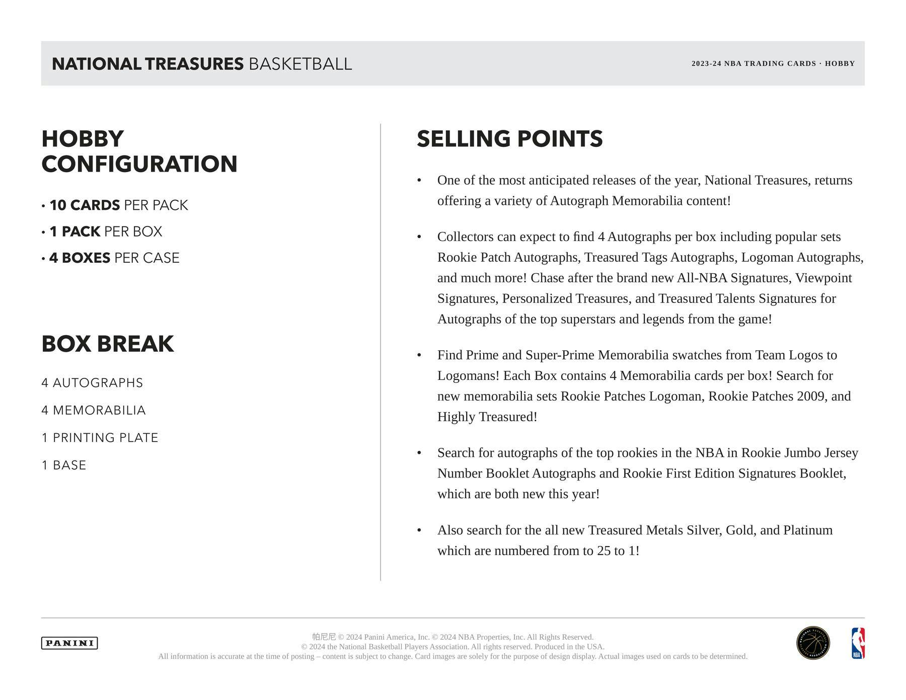 2023 - 24 Panini National Treasures NBA Basketball Hobby Box - Columbia Hobby - Sports Card Boxes - Toploaders - Card Savers