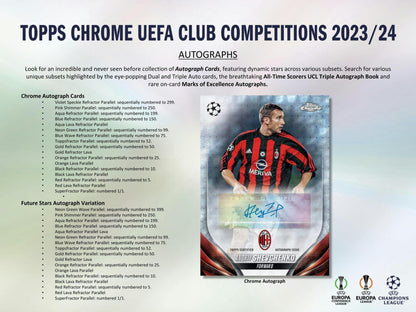 2023 - 24 Topps Chrome UEFA Club Competitions Soccer 7 - Pack Blaster Box - Columbia Hobby - Sports Card Boxes - Toploaders - Card Savers