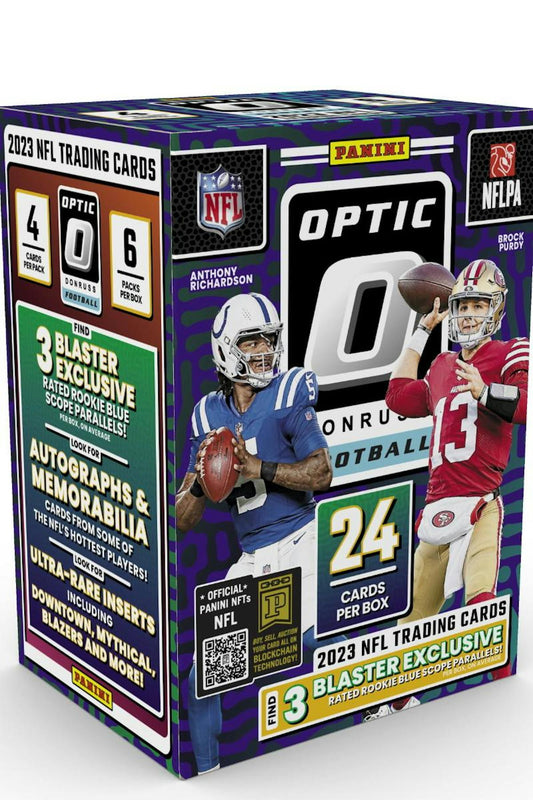 2023 Panini Donruss Optic Football 6 - Pack Hobby Blaster Box (Blue Scope Parallels) - Columbia Hobby - Sports Card Boxes - Toploaders - Card Savers