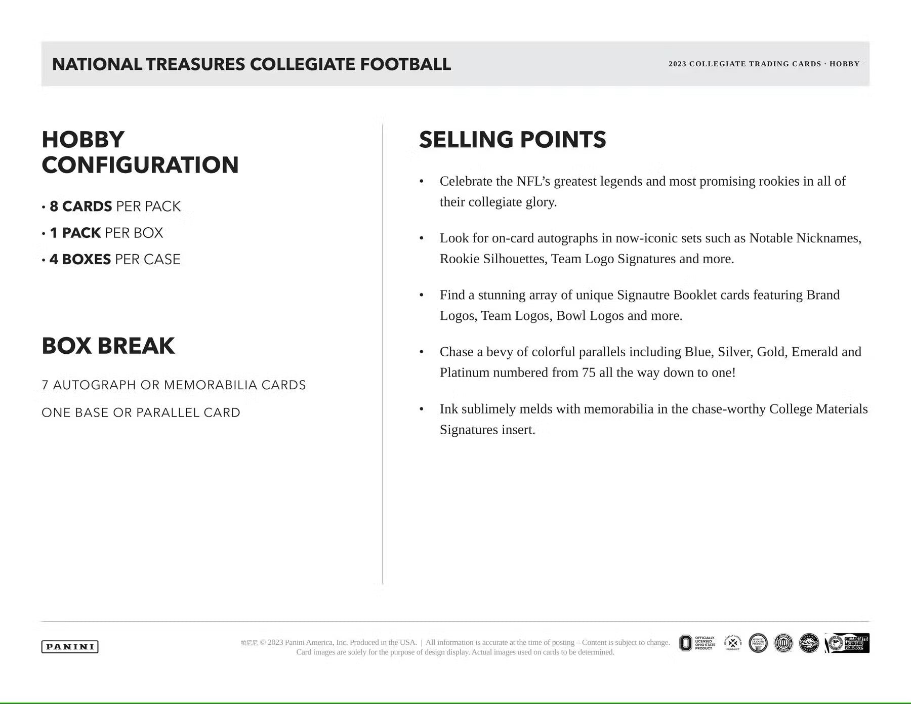 2023 Panini National Treasures Collegiate Football Hobby Box - Columbia Hobby - Sports Card Boxes - Toploaders - Card Savers