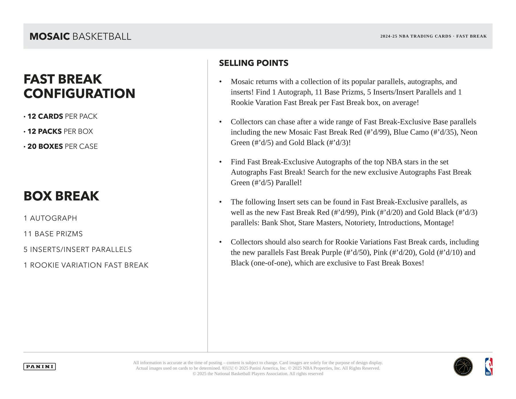 2024 - 25 Panini Mosaic Basketball Fast Break Box | Columbia Sports Cards - Columbia Hobby - Sports Card Boxes - Toploaders - Card Savers
