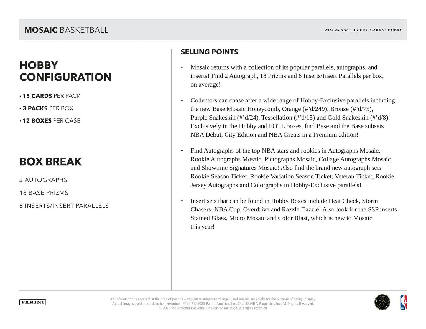 2024 - 25 Panini Mosaic Basketball Hobby Box | Columbia Sports Cards & More - Columbia Hobby - Sports Card Boxes - Toploaders - Card Savers