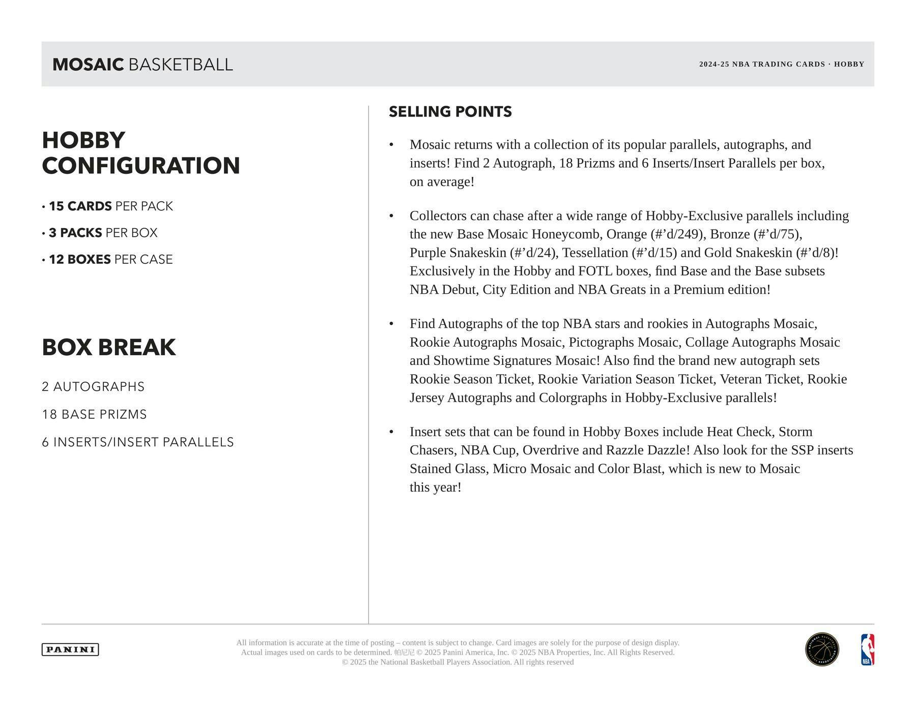 2024 - 25 Panini Mosaic Basketball Hobby Box | Columbia Sports Cards & More - Columbia Hobby - Sports Card Boxes - Toploaders - Card Savers