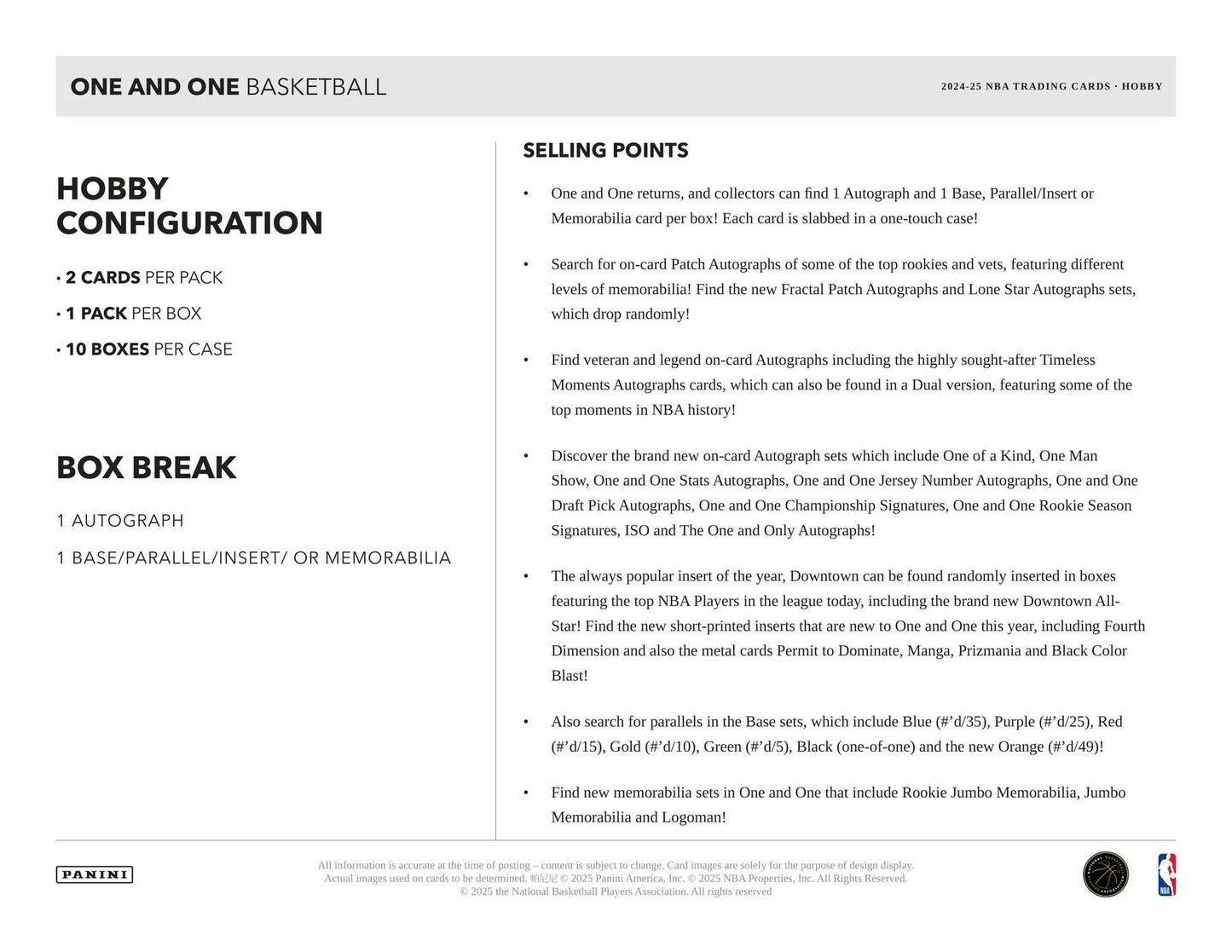 2024 - 25 Panini One and One Basketball Hobby Box - Columbia Hobby - Sports Card Boxes - Toploaders - Card Savers