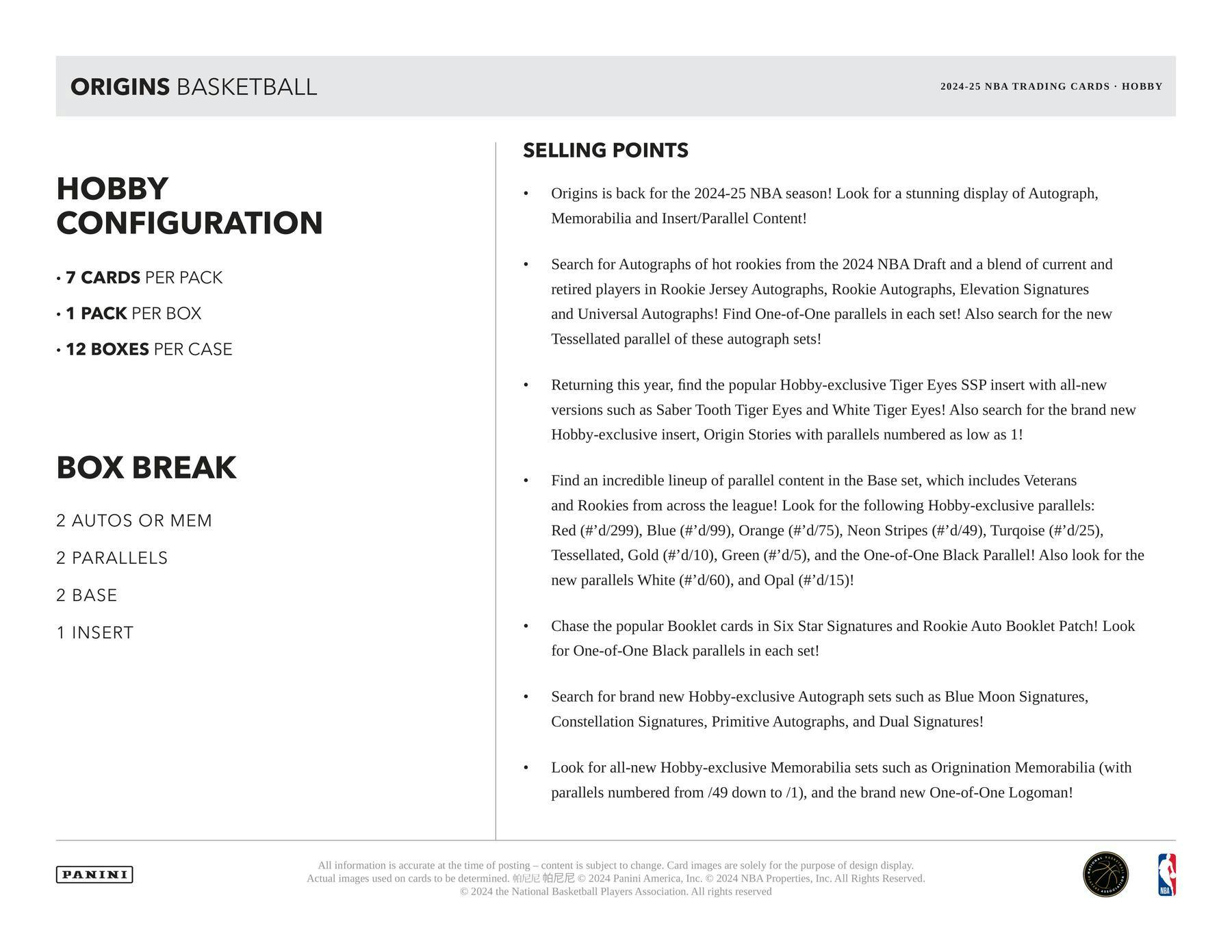 2024 - 25 Panini Origins Basketball Hobby Box - Columbia Hobby - Sports Card Boxes - Toploaders - Card Savers