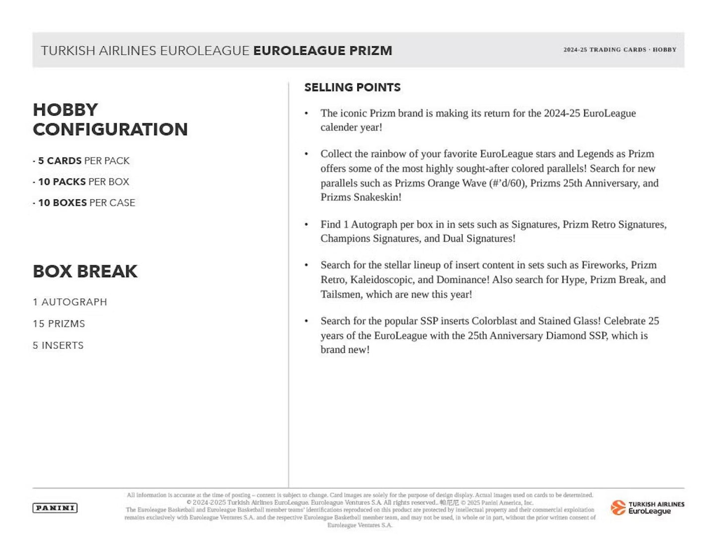 2024 - 25 Panini Prizm Turkish Airlines EuroLeague Basketball Hobby Box - Columbia Hobby - Sports Card Boxes - Toploaders - Card Savers