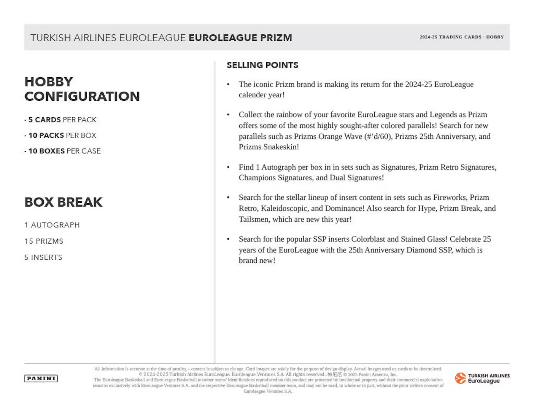 2024 - 25 Panini Prizm Turkish Airlines EuroLeague Basketball Hobby Box - Columbia Hobby - Sports Card Boxes - Toploaders - Card Savers