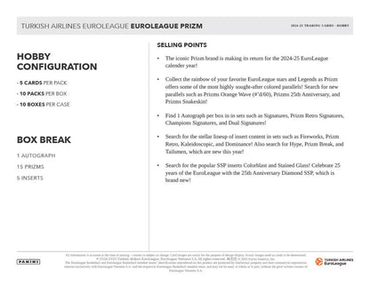 2024 - 25 Panini Prizm Turkish Airlines EuroLeague Basketball Hobby Box - Columbia Hobby - Sports Card Boxes - Toploaders - Card Savers