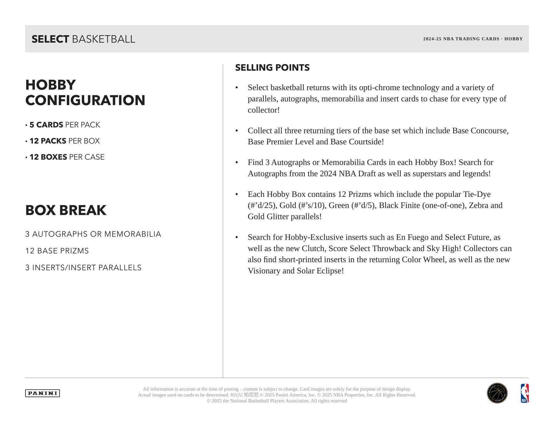 2024 - 25 Panini Select Basketball Hobby Box - Columbia Hobby - Sports Card Boxes - Toploaders - Card Savers
