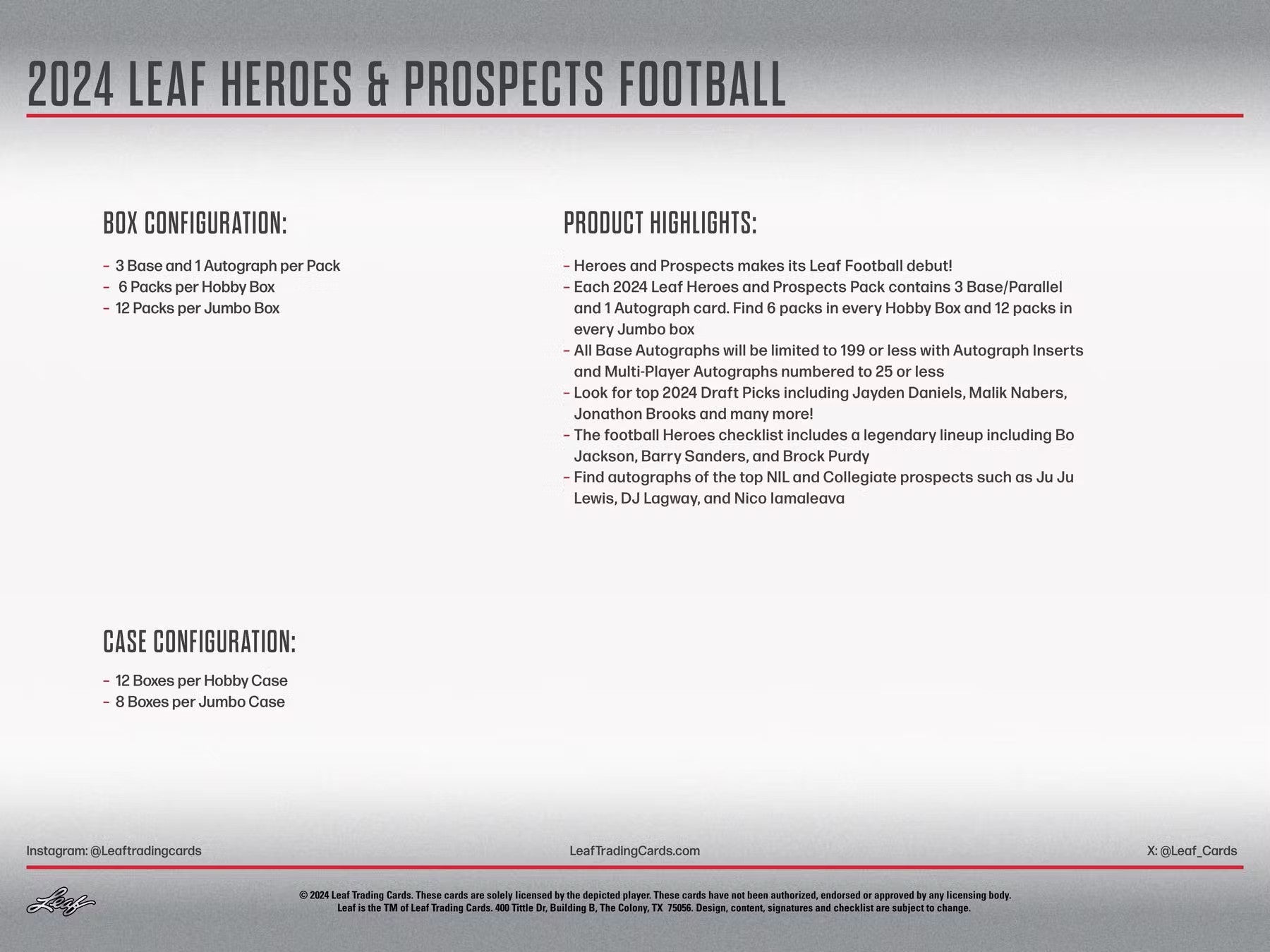 2024 Leaf Heroes & Prospects Football Hobby Jumbo Box - Columbia Hobby - Sports Card Boxes - Toploaders - Card Savers