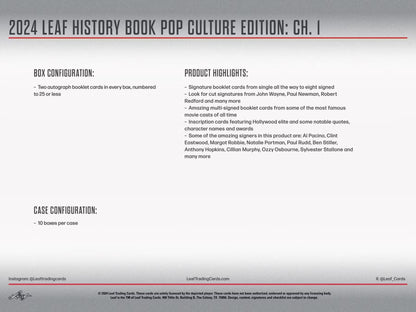 2024 Leaf History Book Pop Culture Edition Chapter 1 Hobby Box - Columbia Hobby - Sports Card Boxes - Toploaders - Card Savers