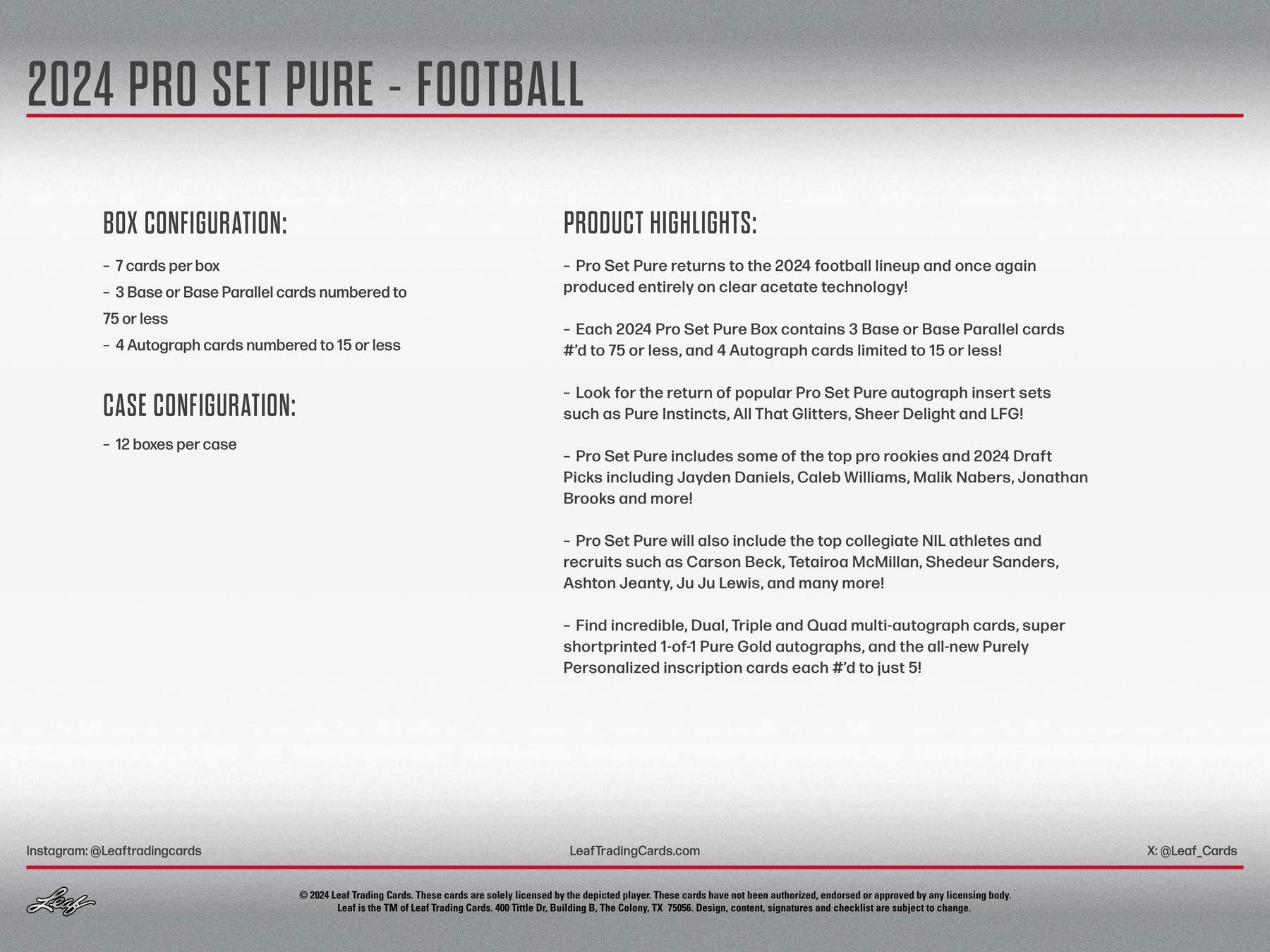 2024 Leaf Pro Set Pure Football Hobby Box - Columbia Hobby - Sports Card Boxes - Toploaders - Card Savers