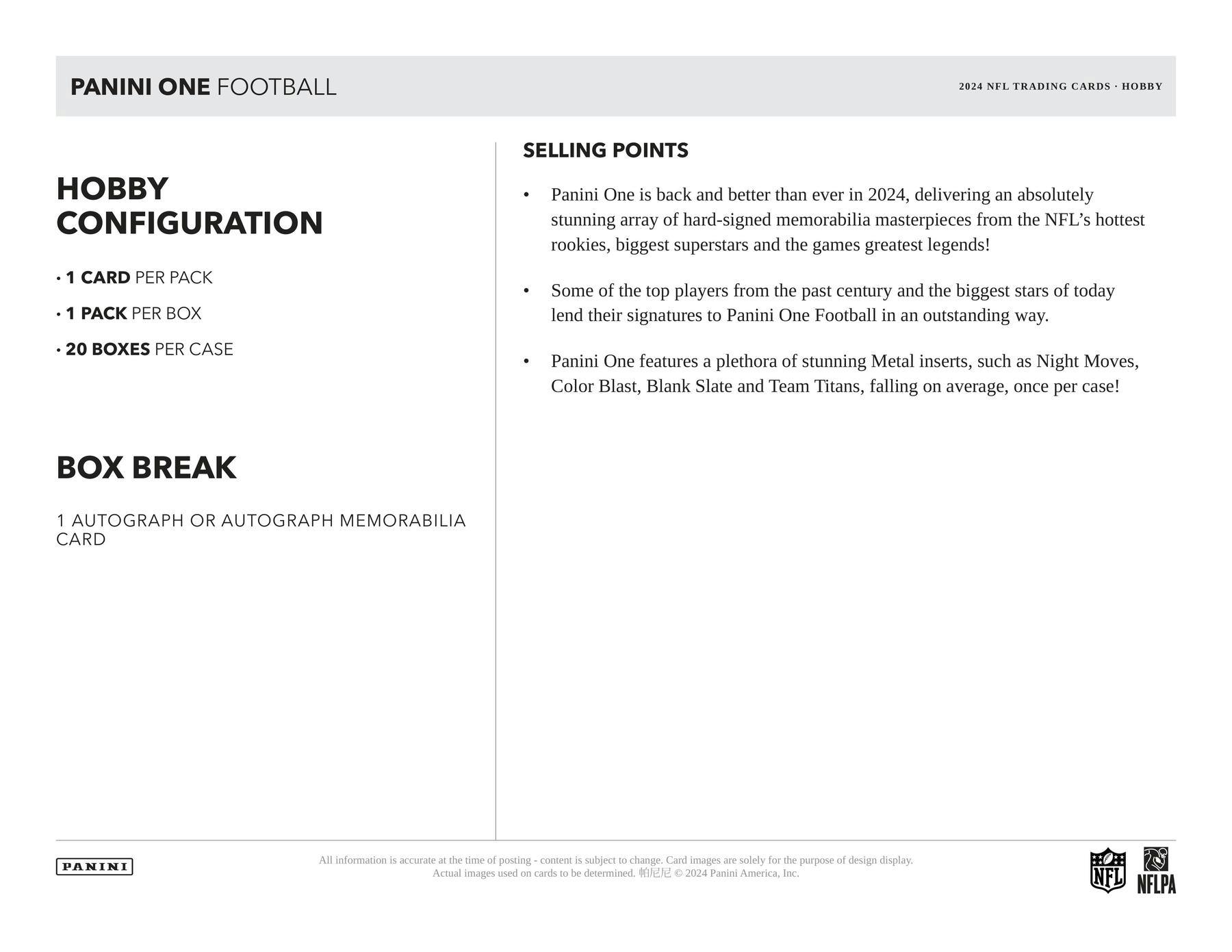 2024 Panini One Football Hobby Box | Columbia Sports Cards - Columbia Hobby - Sports Card Boxes - Toploaders - Card Savers