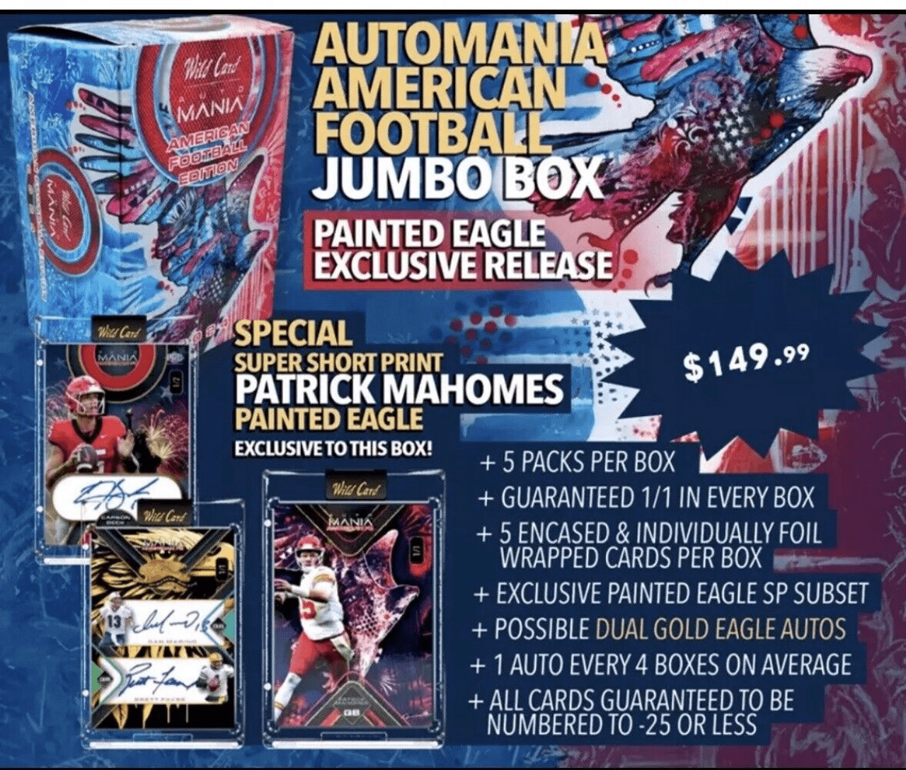 2024 Wild Card Auto Mania American Football Painted Eagle Jumbo Box - Columbia Hobby - Sports Card Boxes - Toploaders - Card Savers