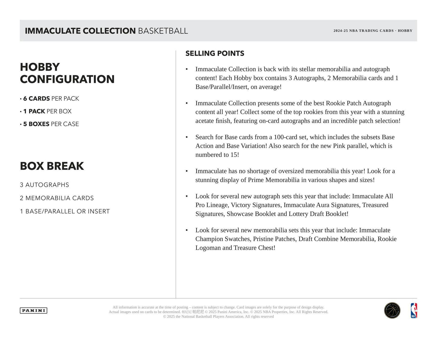 2024/25 Panini Immaculate Basketball Hobby Box | Columbia Sports Cards - Columbia Hobby - Sports Card Boxes - Toploaders - Card Savers