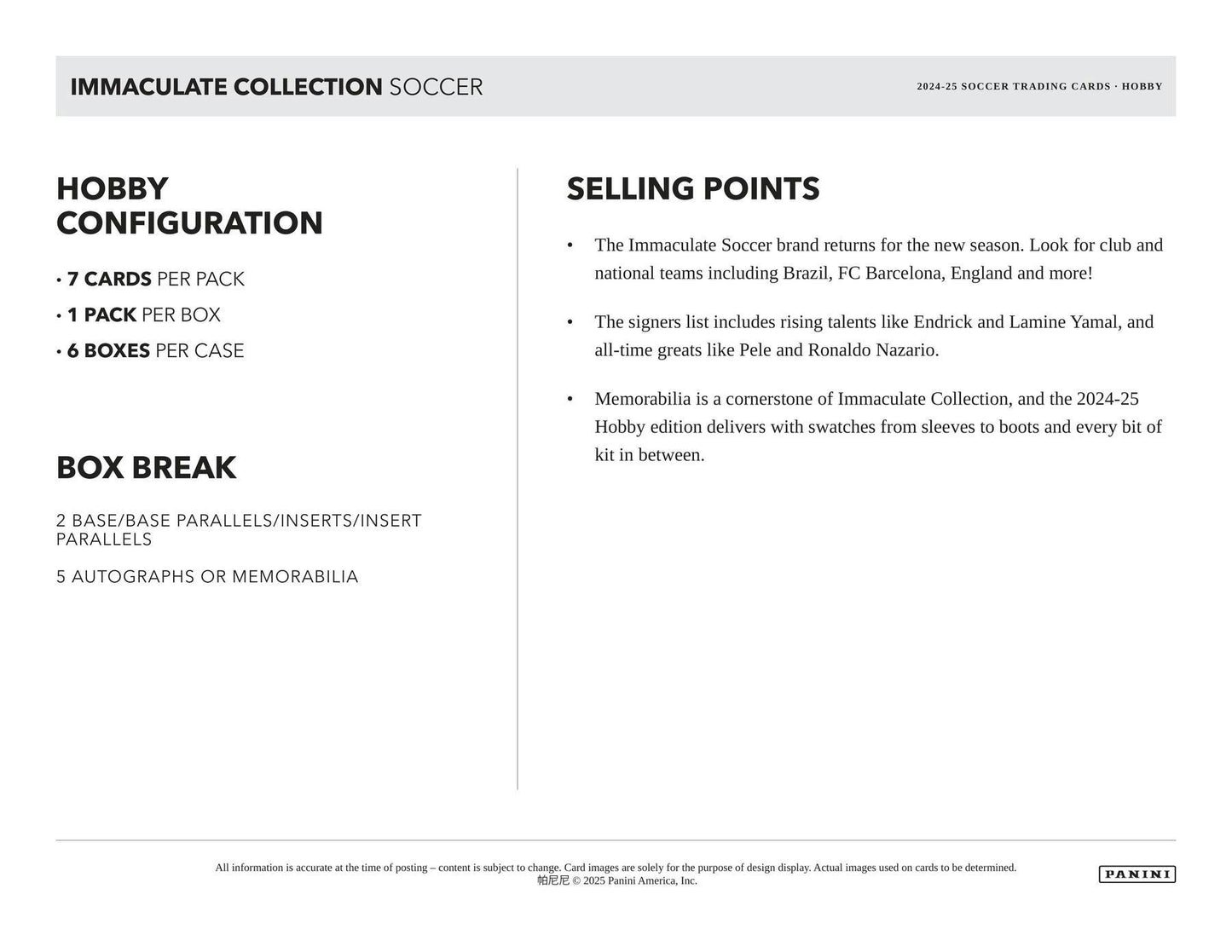 2024/25 Panini Immaculate Soccer Hobby Box | Columbia Sports Cards - Columbia Hobby - Sports Card Boxes - Toploaders - Card Savers