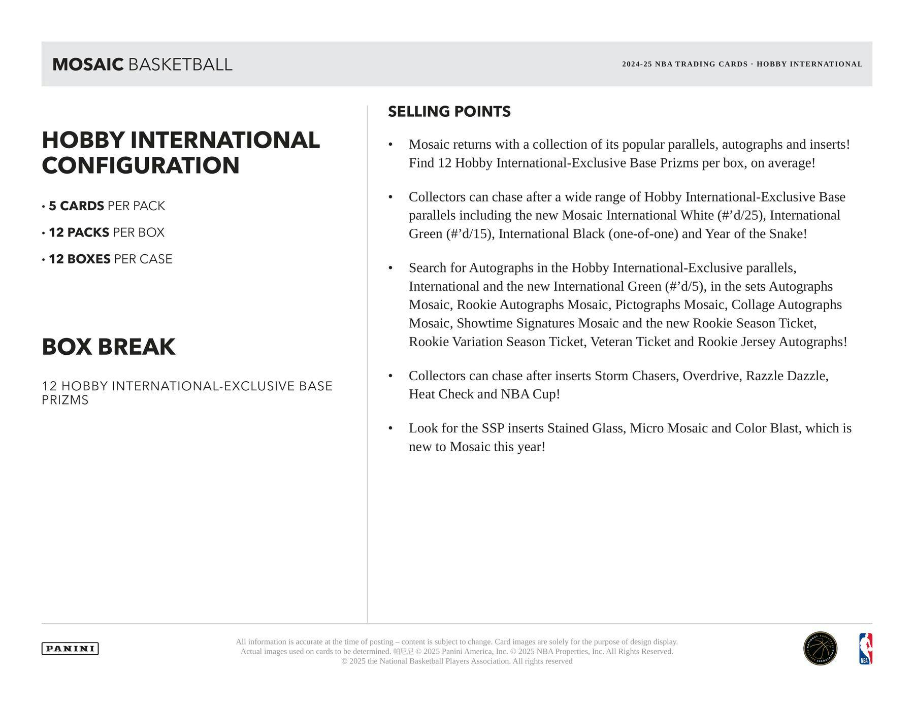 2024/25 Panini Mosaic Basketball International Hobby Box | Columbia Sports Cards - Columbia Hobby - Sports Card Boxes - Toploaders - Card Savers