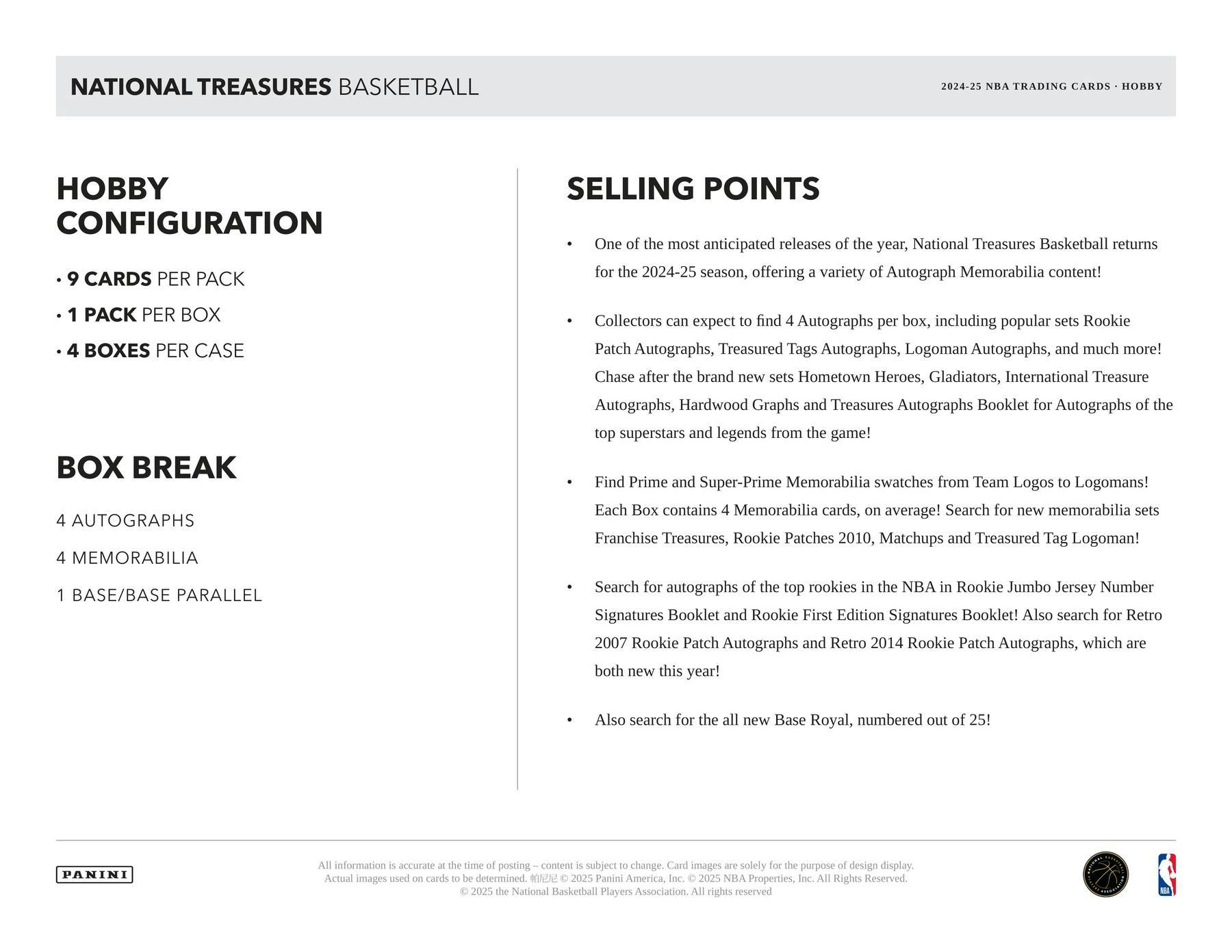 2024/25 Panini National Treasures Basketball Hobby Box | Columbia Sports Cards - Columbia Hobby - Sports Card Boxes - Toploaders - Card Savers