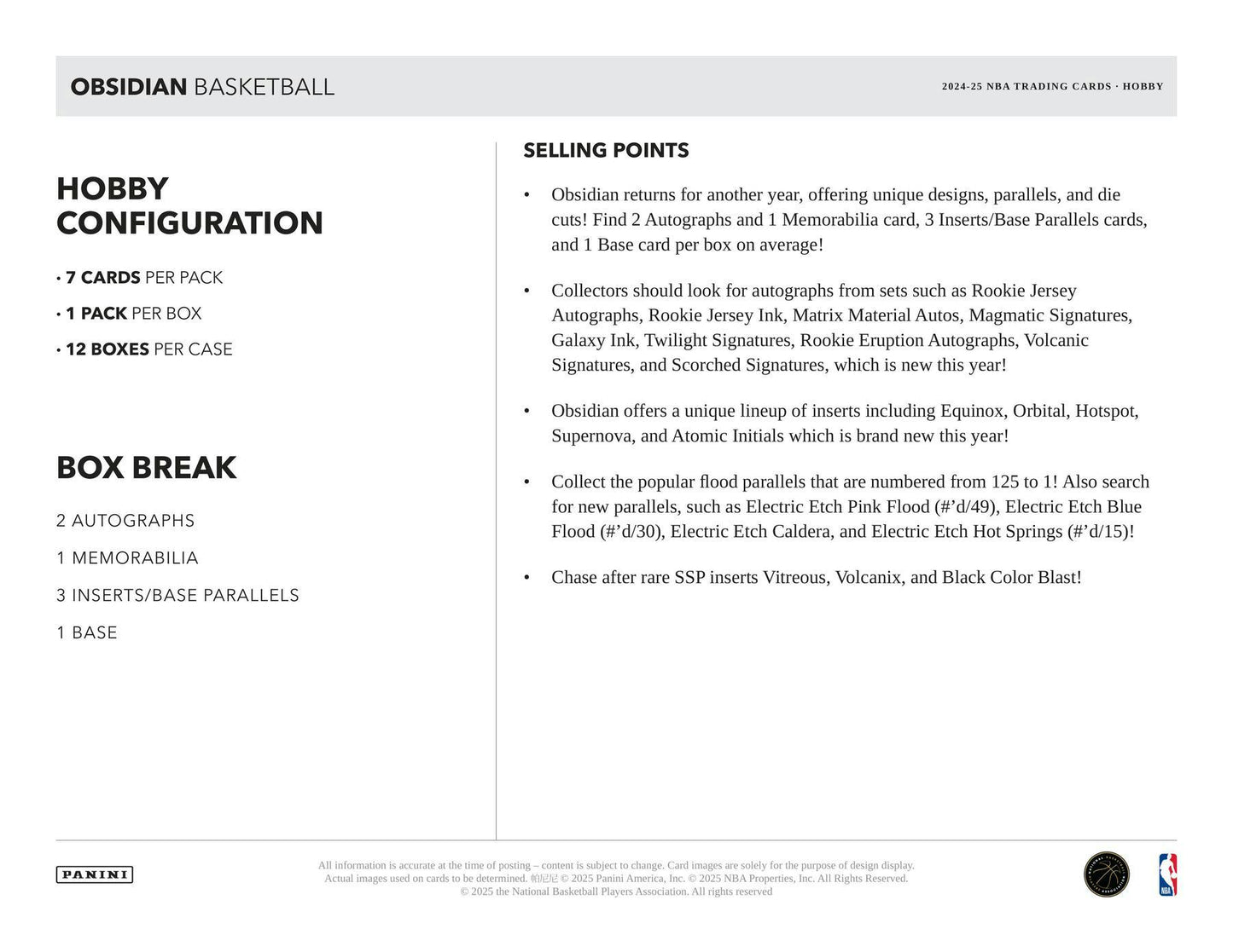 2024/25 Panini Obsidian Basketball Hobby Box | Columbia Sports Cards - Columbia Hobby - Sports Card Boxes - Toploaders - Card Savers