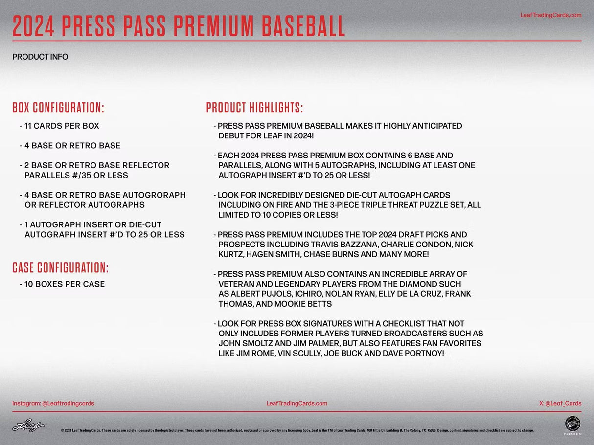 2024 Leaf Press Pass Premium Baseball Hobby Box