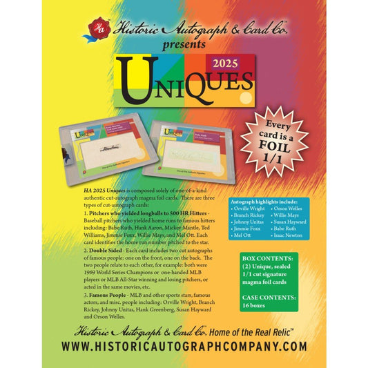 2025 Historic Autographs Uniques Hobby Box - Columbia Hobby - Sports Card Boxes - Toploaders - Card Savers