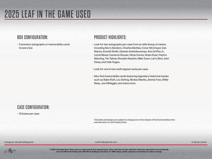 2025 Leaf In The Game Used Sports Hobby Box | Columbia Sports Cards - Columbia Hobby - Sports Card Boxes - Toploaders - Card Savers