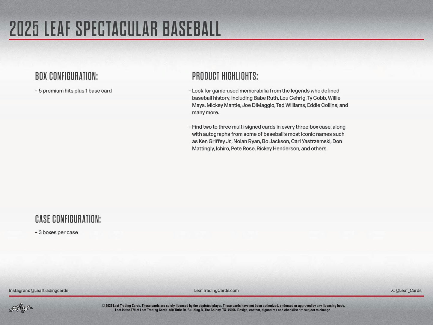 2025 Leaf Spectacular Baseball Hobby Box | Columbia Sports Cards - Columbia Hobby - Sports Card Boxes - Toploaders - Card Savers